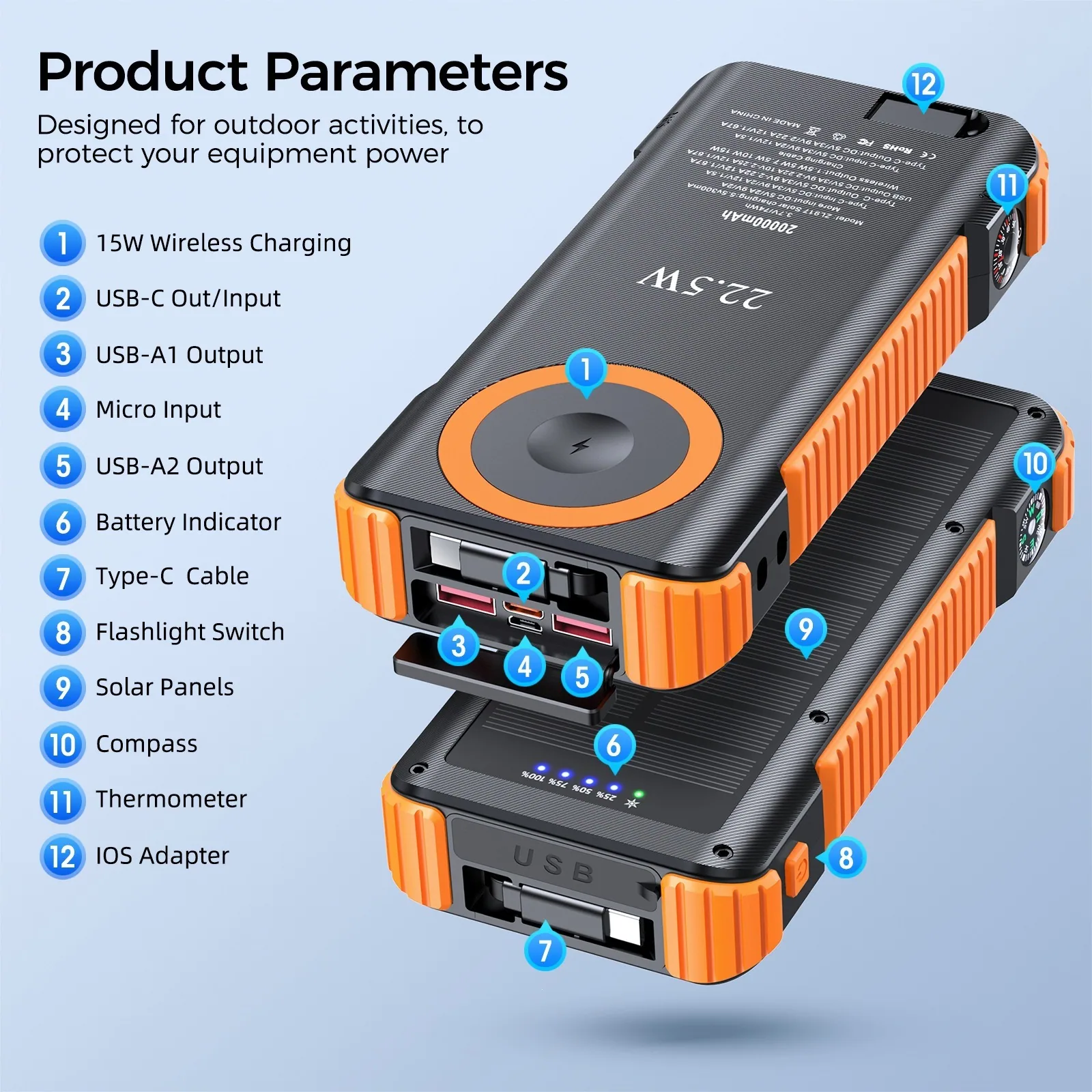20000mAh Retractable Cable Solar Power Bank TU-ZL917 thumbnail 10
