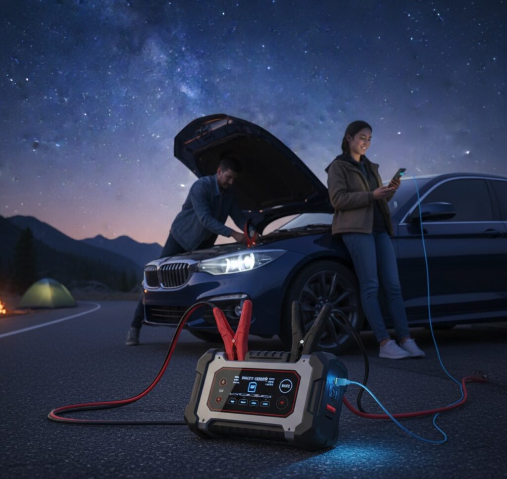 Person jump-starting a car at night.