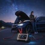 Person jump-starting a car at night.